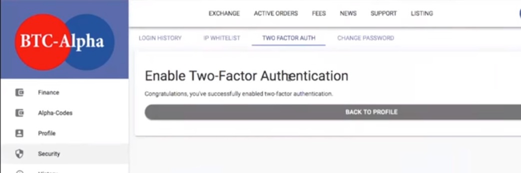 Enabling 2FA successfully on BTC-Alpha