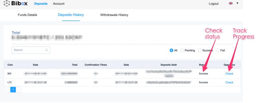 How to check deposit status on Bibox