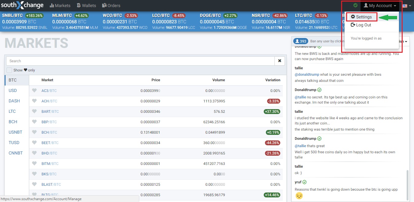 How to locate My Account and Settings on SouthXchange