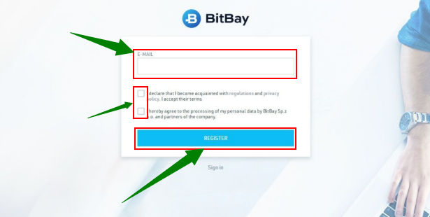 Enter your email ID and check the box declaring that you have become acquainted with the regulations and privacy policy and that you accept their terms. Check the next box if you’d like to receive updates about new and interesting features from Bitbay. Then click on the Register button.