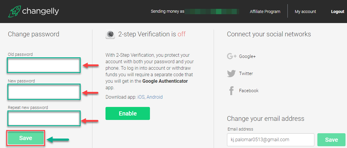 How to change your Changelly account password
