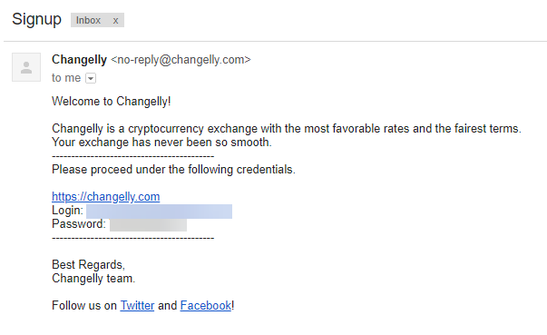 Registration confirmation email from Changelly