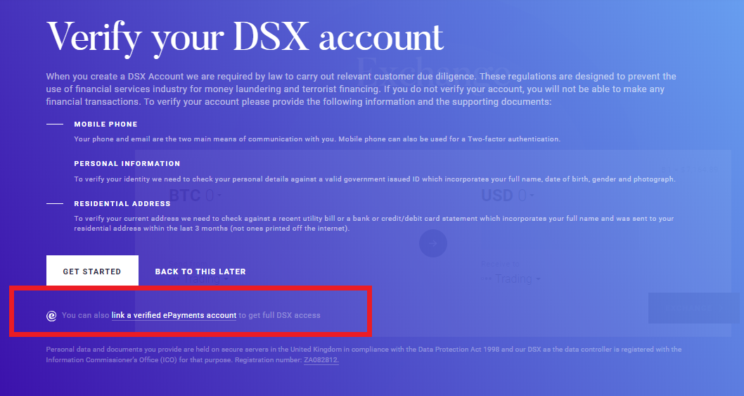 Upload funds on DSX using ePayments