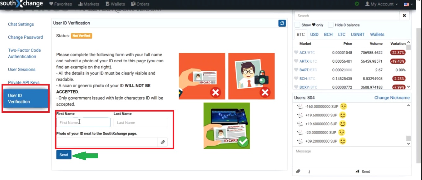 How to verify user ID on SouthXchange