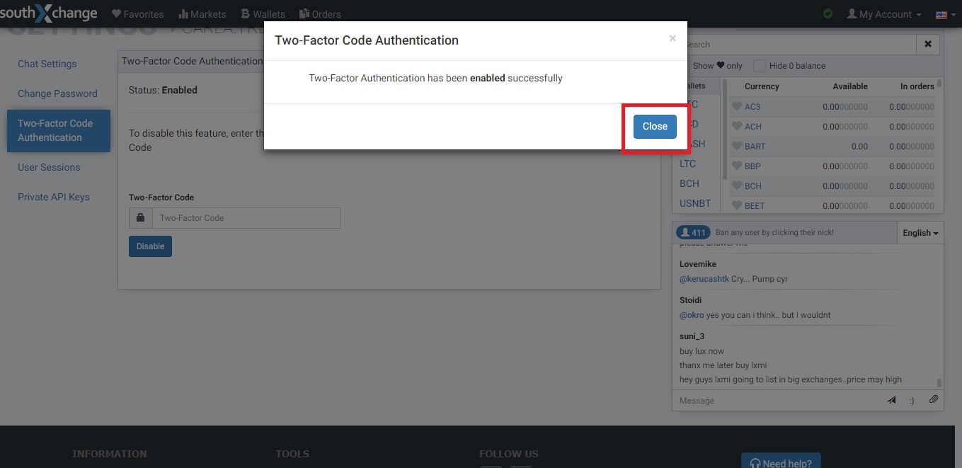 Enabling 2FA code successful