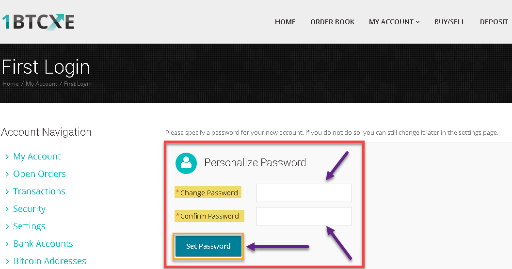 how to change password on 1BTCXE