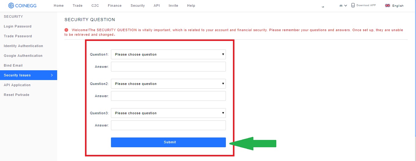 Setting up security questions on Coinegg