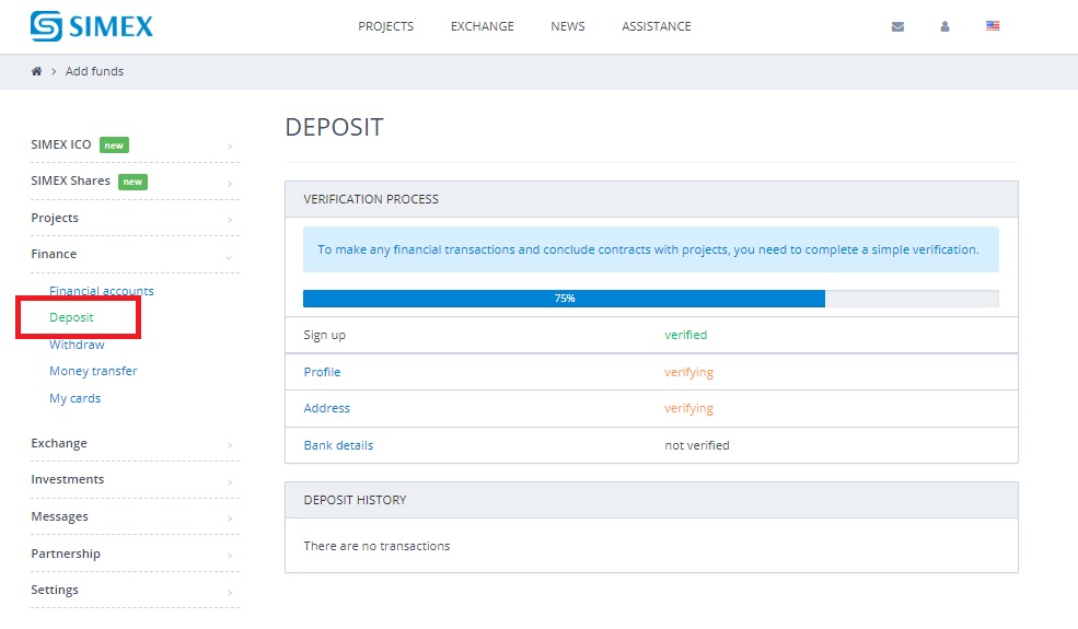 depositing funds on simex