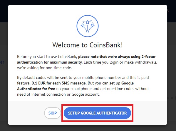 Setting up 2FA on CoinsBank